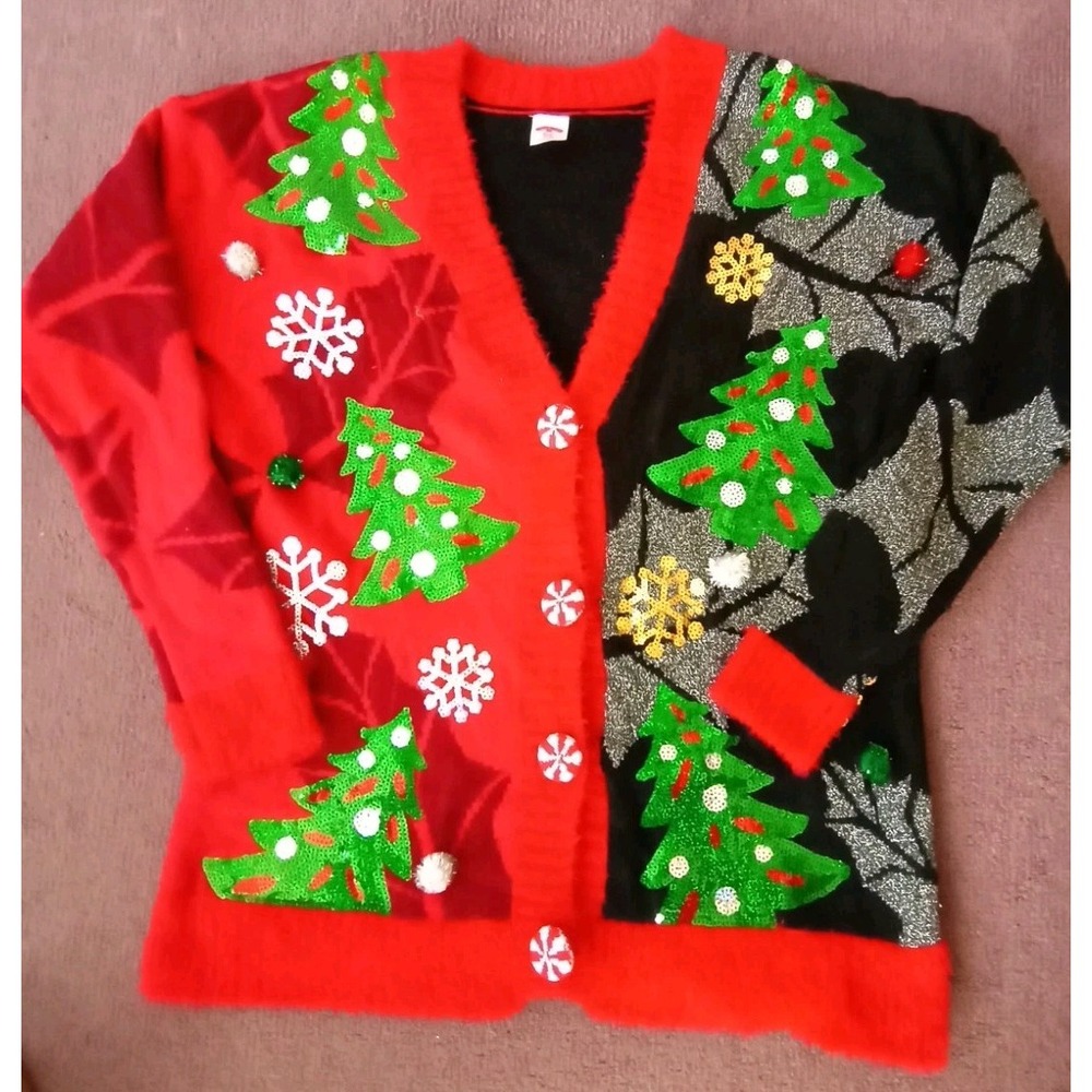 Holiday Time Christmas Sweater Women Small Oversized Cardigan Sequin Pom Candy